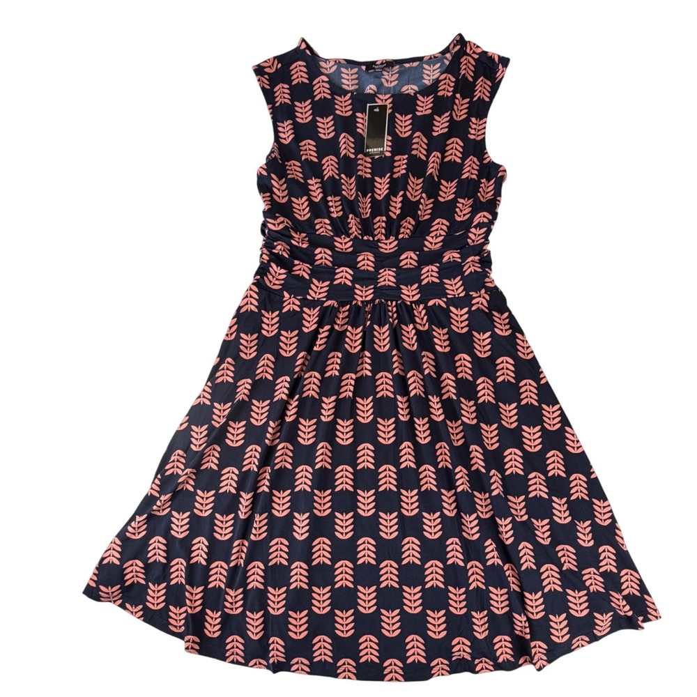 Premise Dresses Womens Navy Pink Leaf Print Ruched Empire Waist Dress Size 14